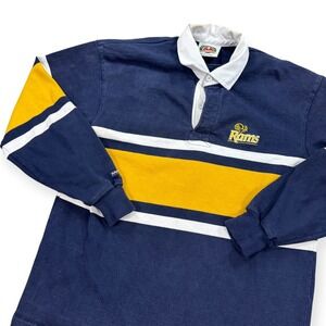 Barbarian Rugby Shirt Men's Medium Blue Yellow Striped Polo RAMS Made In Canada
